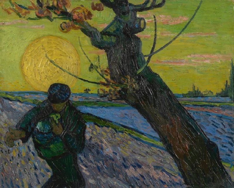 Sædemanden sår i marken. En gul sol som en glorie. Kontrastfarver. Vincent Van Gogh.